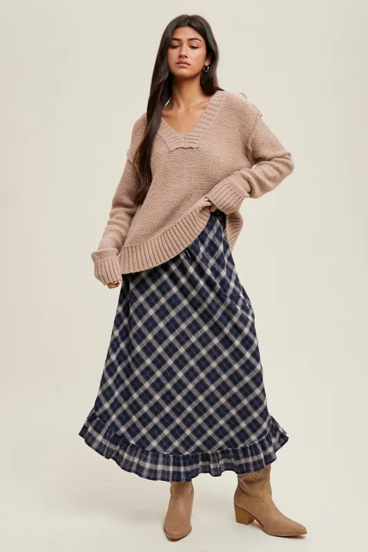 Navy Plaid Ruffle Trim Maxi Skirt sold by Pinkblush