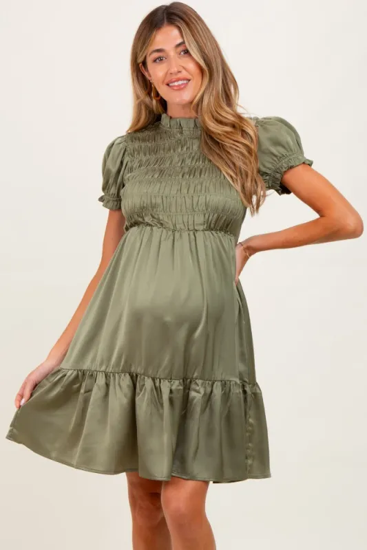 Light Olive Satin Smocked Mock Neck Maternity Dress sold by Pinkblush