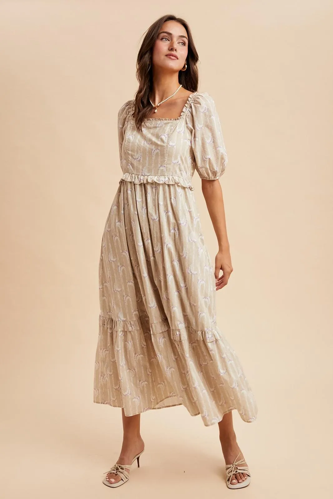 Taupe Floral Stripe Ruffle Accent Midi Dress sold by Pinkblush product image thumbnail 3