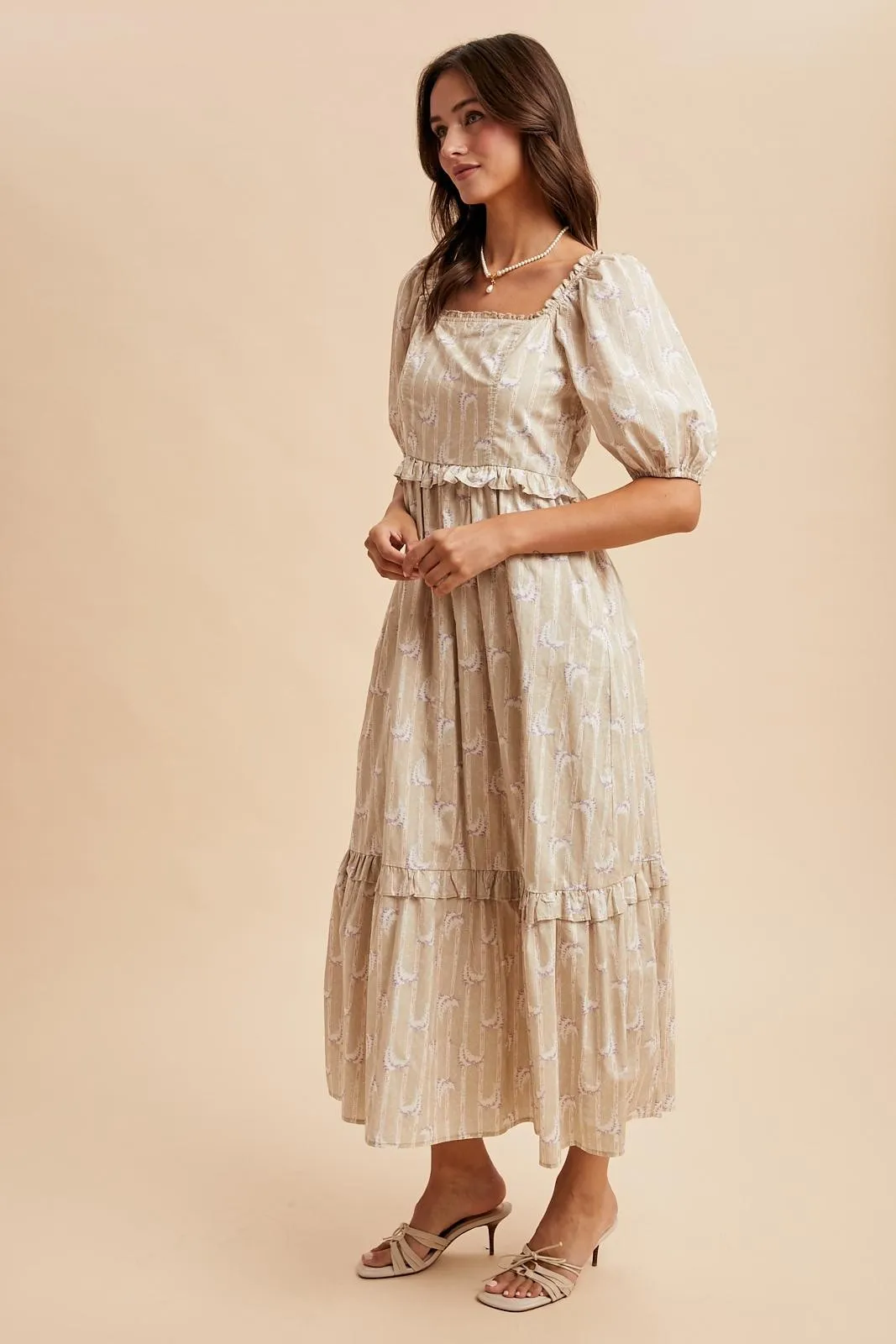 Taupe Floral Stripe Ruffle Accent Midi Dress sold by Pinkblush product image thumbnail 4