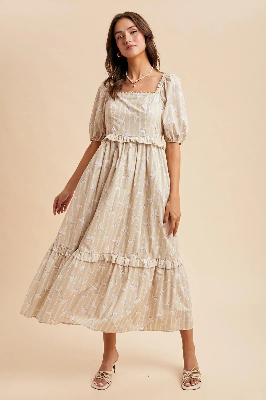 Taupe Floral Stripe Ruffle Accent Midi Dress sold by Pinkblush