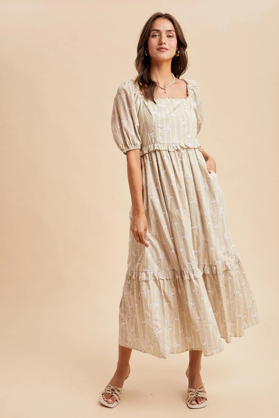 Taupe Floral Stripe Ruffle Accent Midi Dress sold by Pinkblush product image thumbnail 2