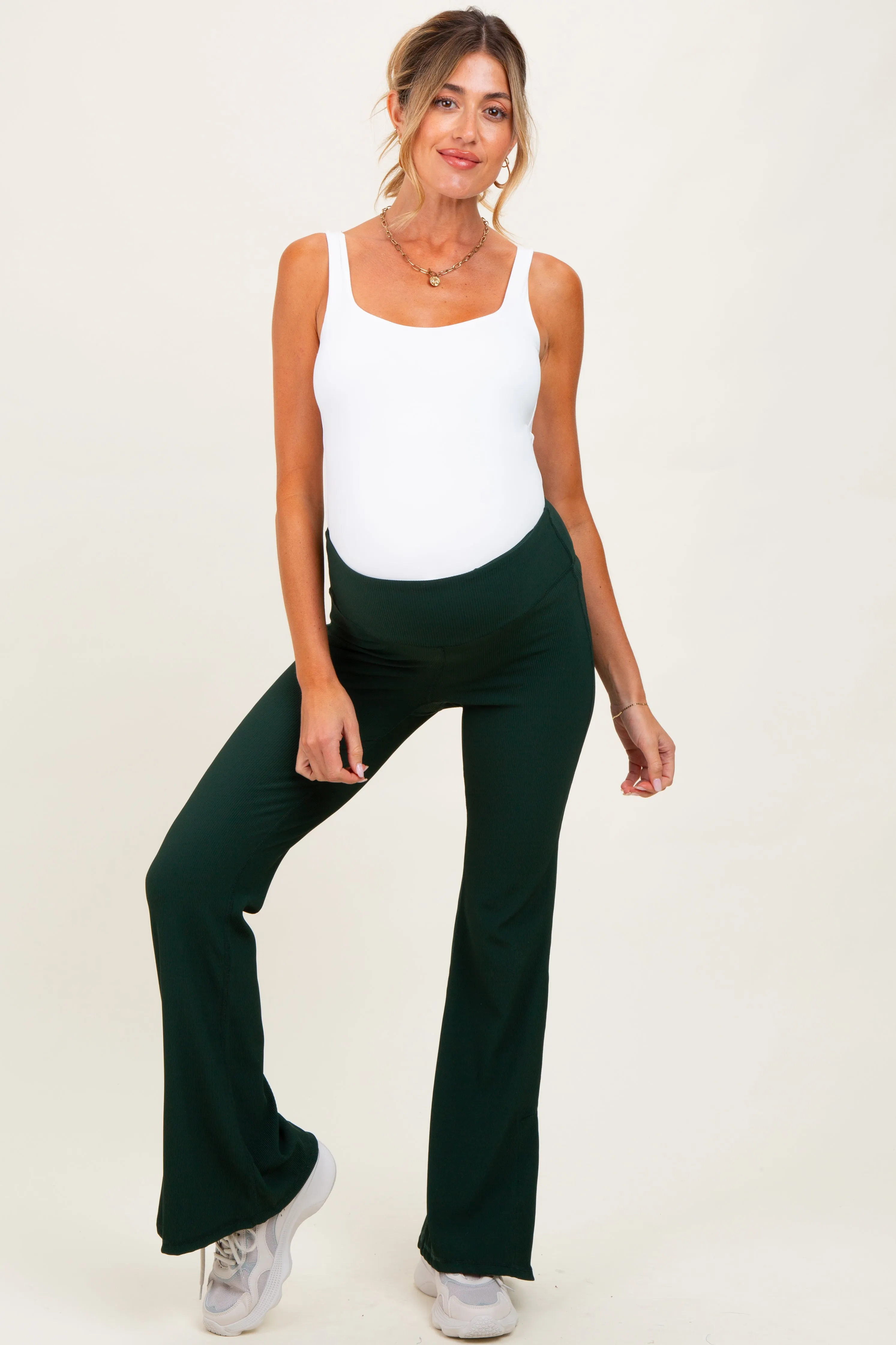 Forest Green Ribbed Split Flare Maternity Leggings sold by Pinkblush