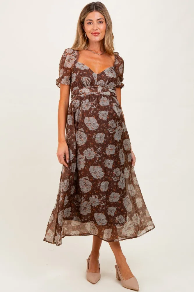 Brown Floral Chiffon Sweetheart Neckline Maternity Midi Dress sold by Pinkblush