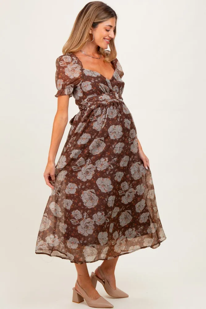 Brown Floral Chiffon Sweetheart Neckline Maternity Midi Dress sold by Pinkblush product image thumbnail 2