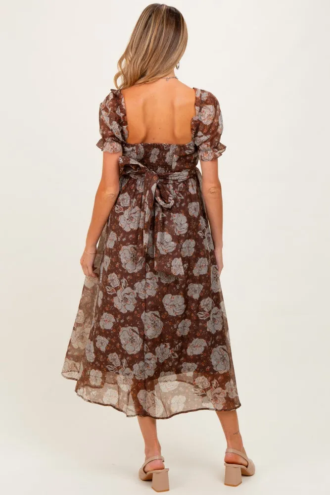 Brown Floral Chiffon Sweetheart Neckline Maternity Midi Dress sold by Pinkblush product image thumbnail 3