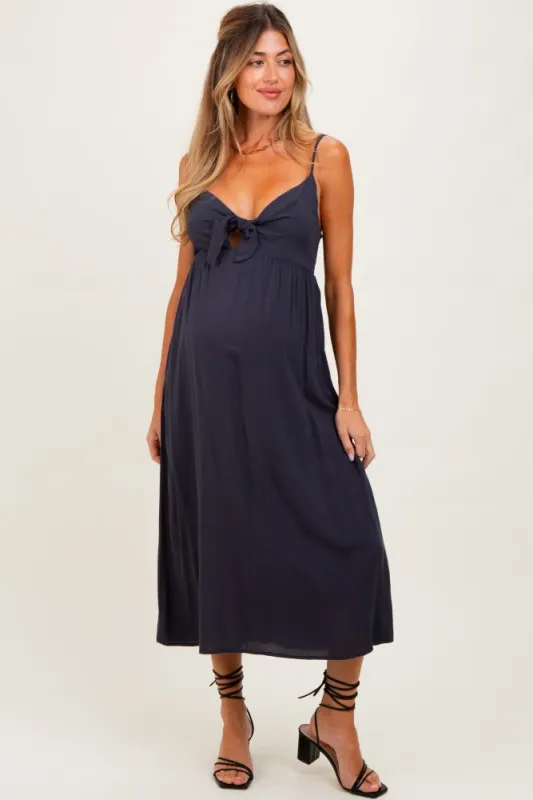 Navy Front Tie Sleeveless Maternity Midi Dress sold by Pinkblush