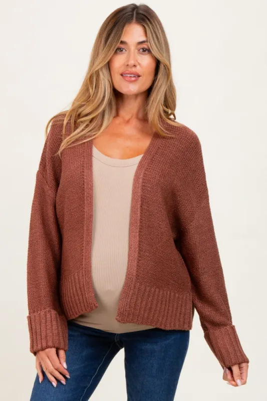 Rust Contrast Knit Open Maternity Cardigan sold by Pinkblush