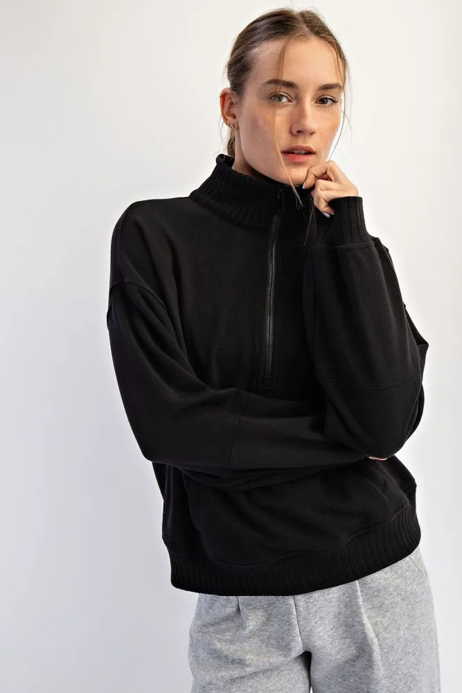 Black French Terry Quarter Zip Pullover sold by Pinkblush