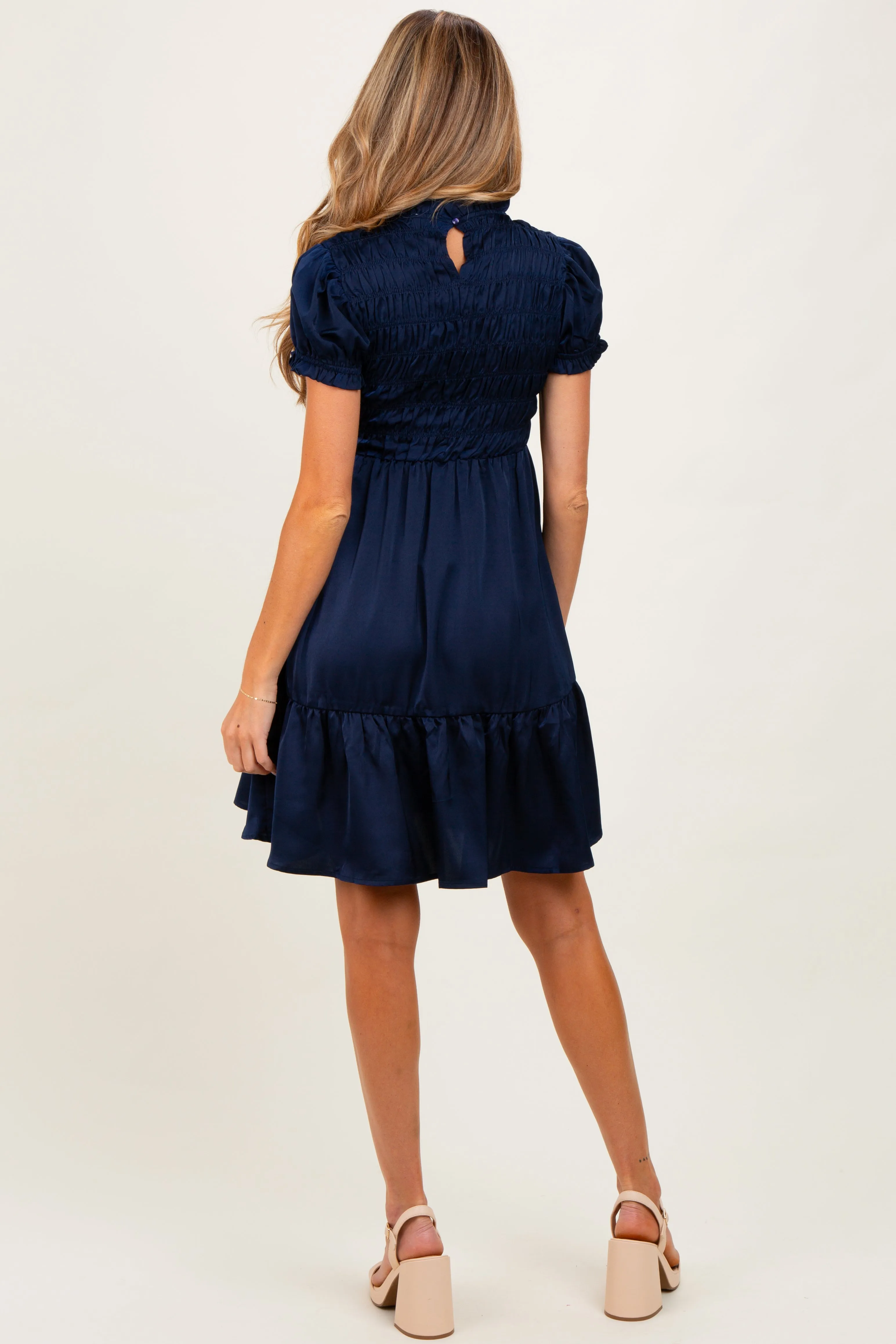 Navy Satin Smocked Mock Neck Maternity Dress sold by Pinkblush product image thumbnail 4