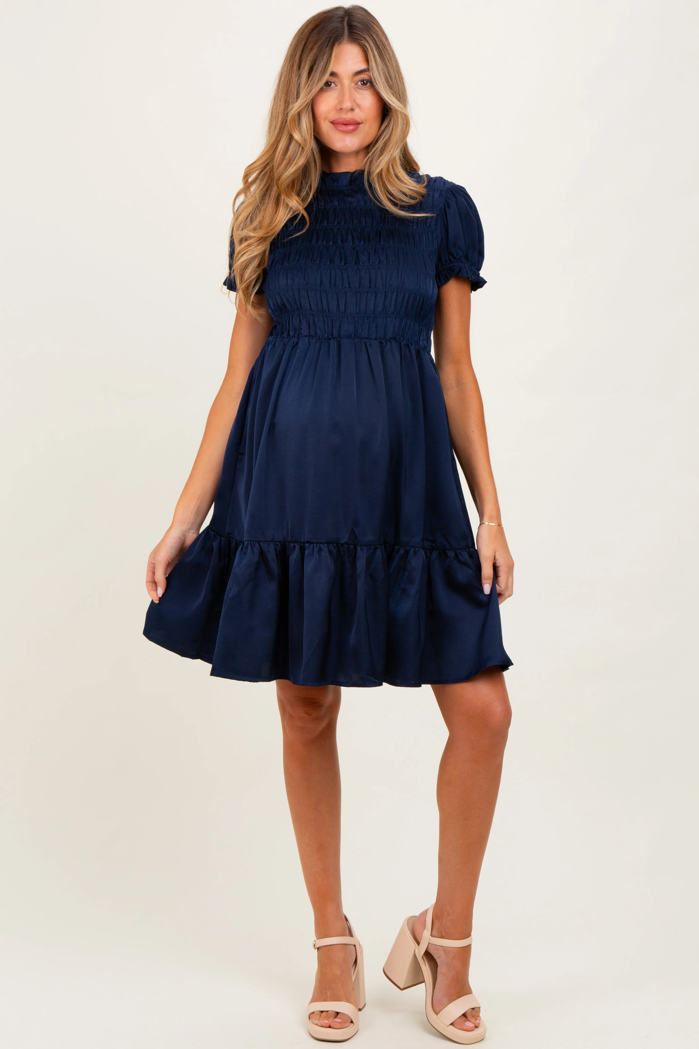 Navy Satin Smocked Mock Neck Maternity Dress sold by Pinkblush