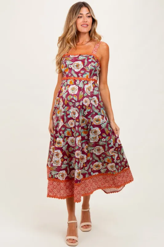 Burgundy Floral Contrast Print Sleeveless Maternity Midi Dress sold by Pinkblush