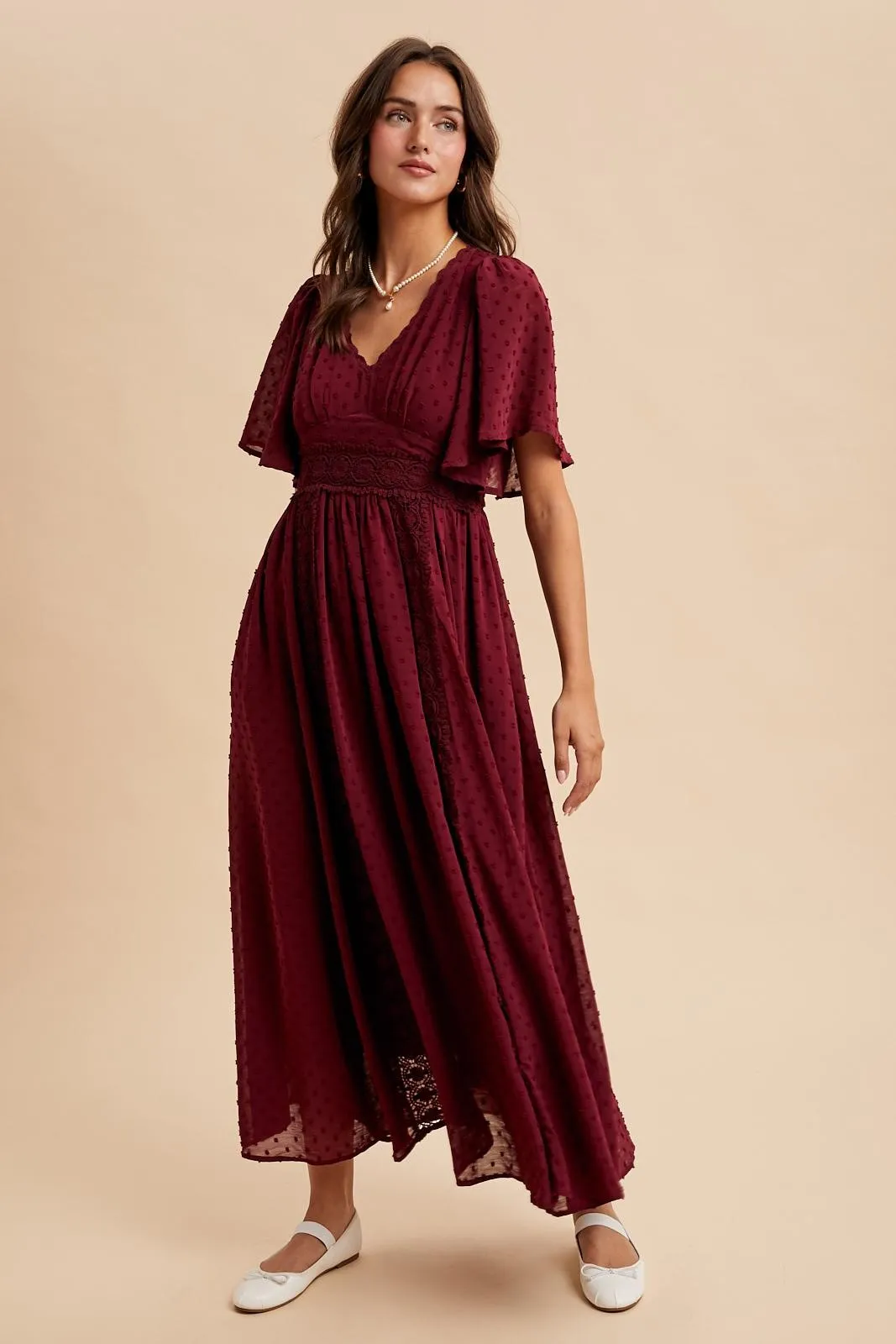 Burgundy Swiss Dot Crochet Lace Accent Maxi Dress sold by Pinkblush product image thumbnail 2