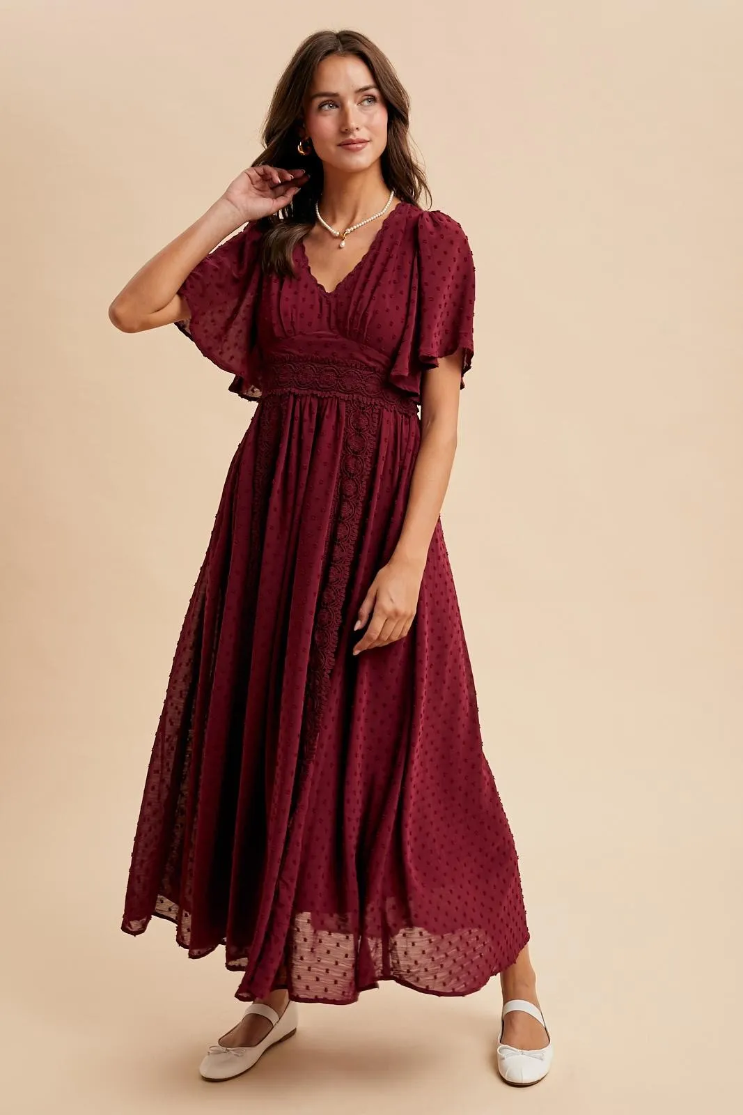 Burgundy Swiss Dot Crochet Lace Accent Maxi Dress sold by Pinkblush product image thumbnail 3