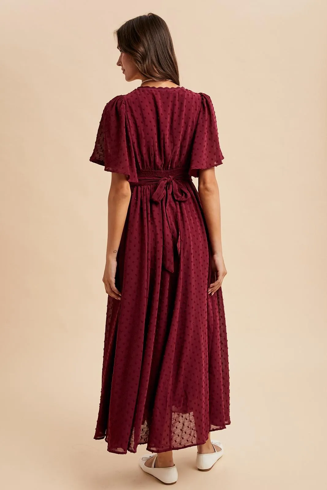 Burgundy Swiss Dot Crochet Lace Accent Maxi Dress sold by Pinkblush product image thumbnail 4
