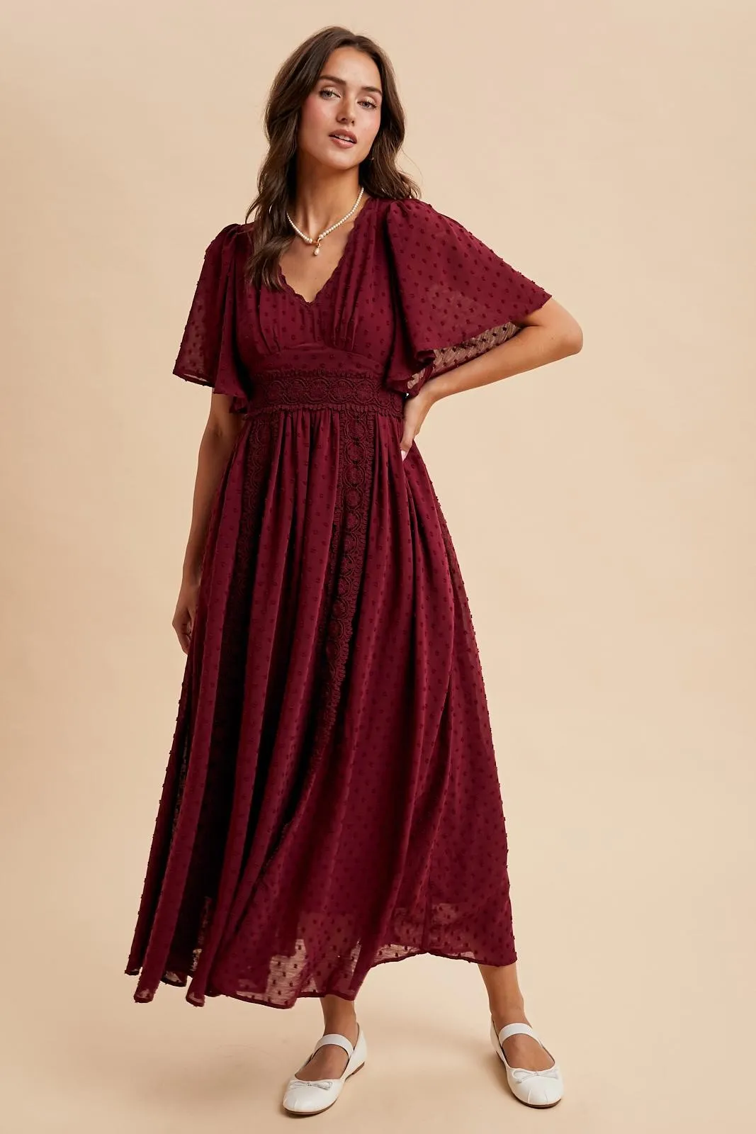 Burgundy Swiss Dot Crochet Lace Accent Maxi Dress sold by Pinkblush