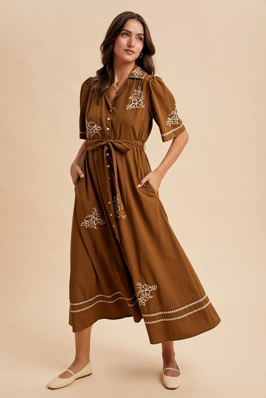 Brown Embroidered Button Down Maxi Dress sold by Pinkblush product image thumbnail 3