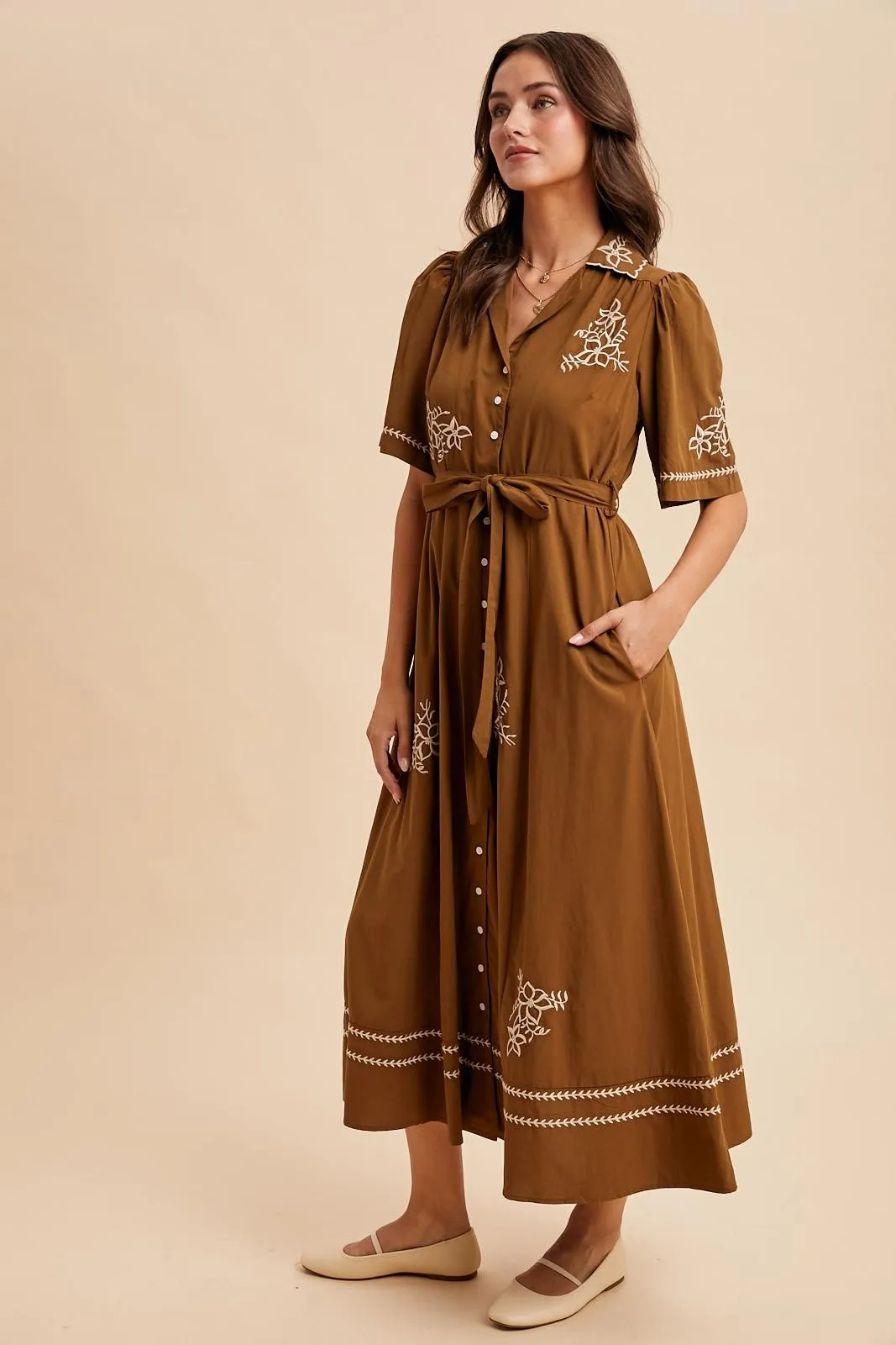 Brown Embroidered Button Down Maxi Dress sold by Pinkblush product image thumbnail 4