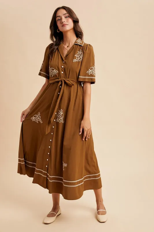 Brown Embroidered Button Down Maxi Dress sold by Pinkblush