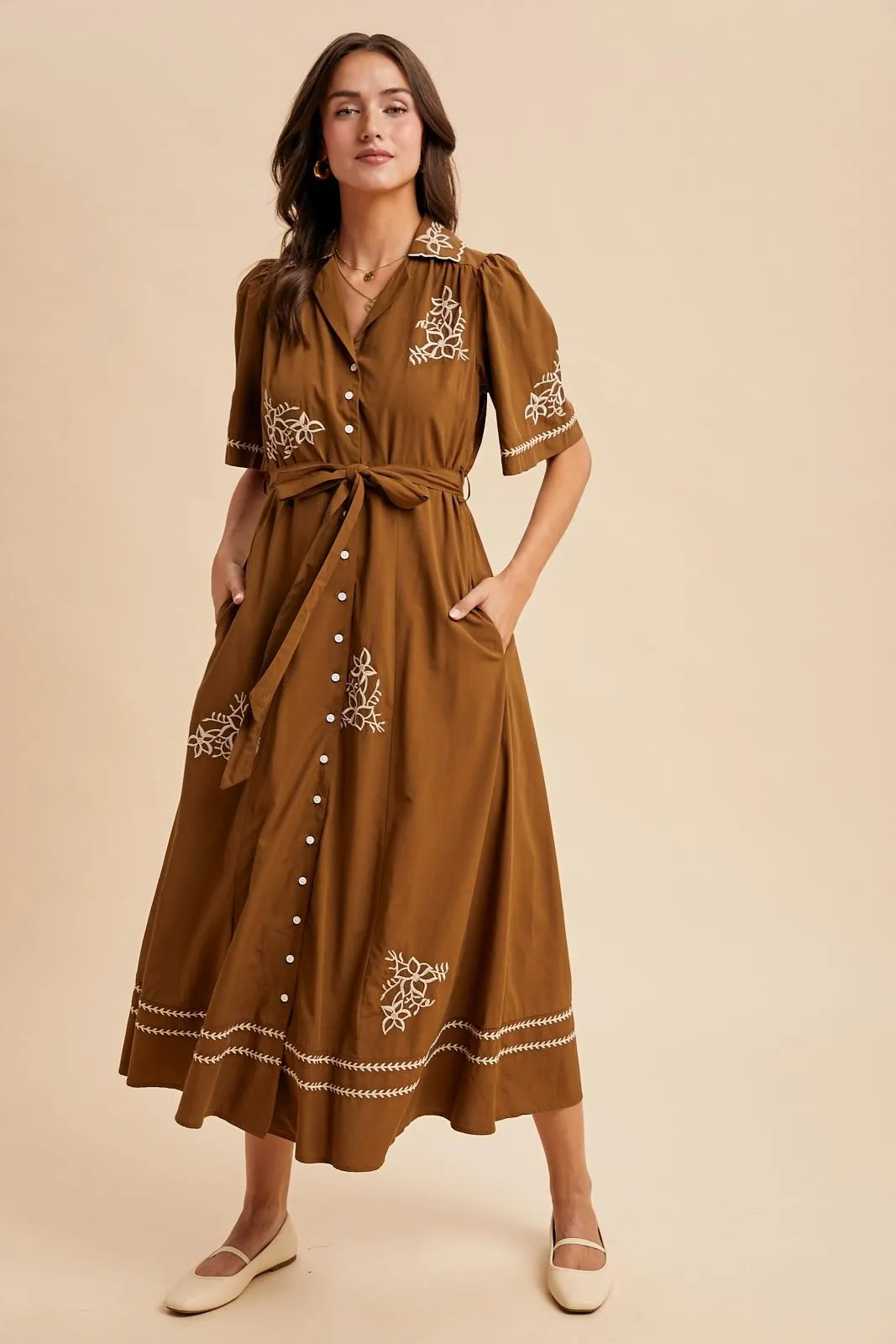 Brown Embroidered Button Down Maxi Dress sold by Pinkblush product image thumbnail 2