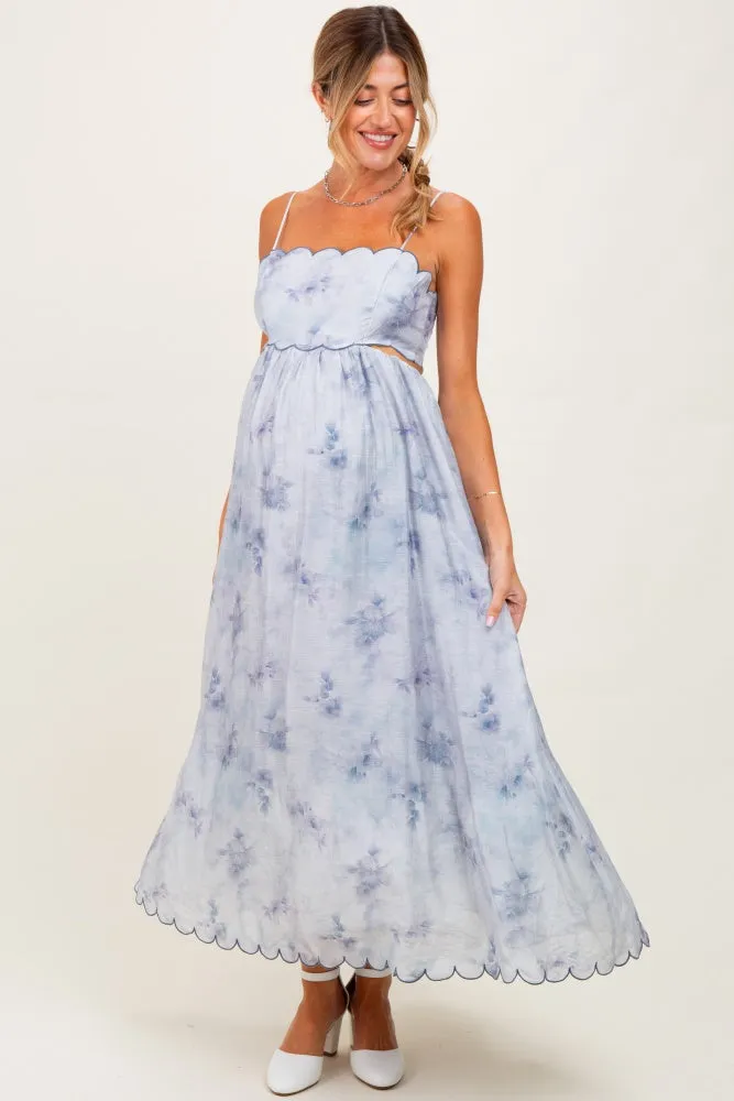 Blue Faded Floral Scallop Edge Cutout Maternity Midi Dress sold by Pinkblush