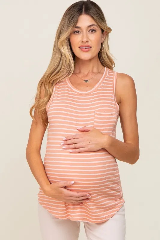 Coral Sleeveless Striped Pocket Front Maternity Top sold by Pinkblush
