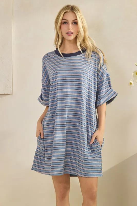 Blue Stripe Knit Short Sleeve T-Shirt Dress sold by Pinkblush