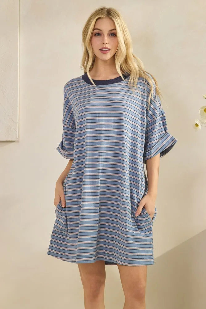 Blue Stripe Knit Short Sleeve T-Shirt Dress sold by Pinkblush