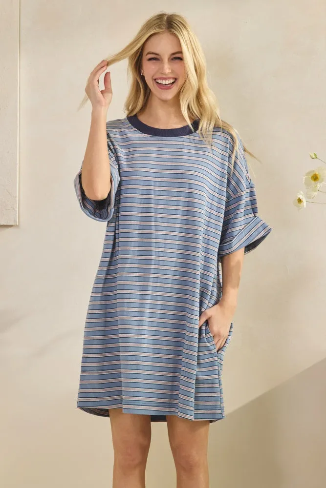 Blue Stripe Knit Short Sleeve T-Shirt Dress sold by Pinkblush product image thumbnail 2