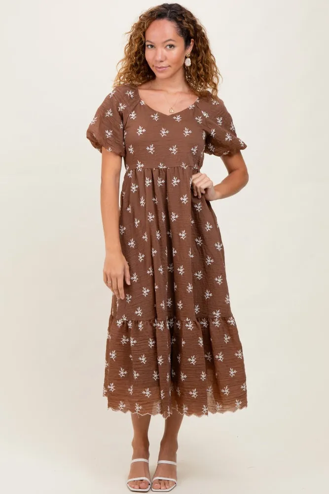 Brown Floral Embroidered Tiered Maternity Midi Dress sold by Pinkblush product image thumbnail 4
