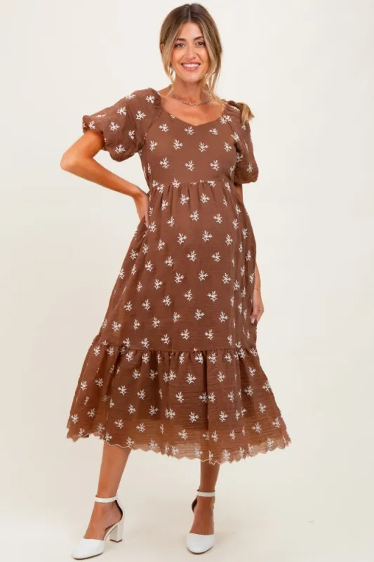 Brown Floral Embroidered Tiered Maternity Midi Dress sold by Pinkblush