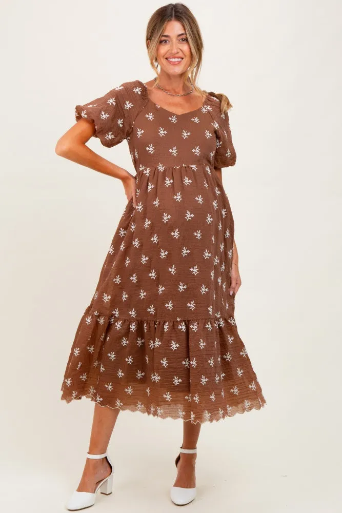 Brown Floral Embroidered Tiered Maternity Midi Dress sold by Pinkblush