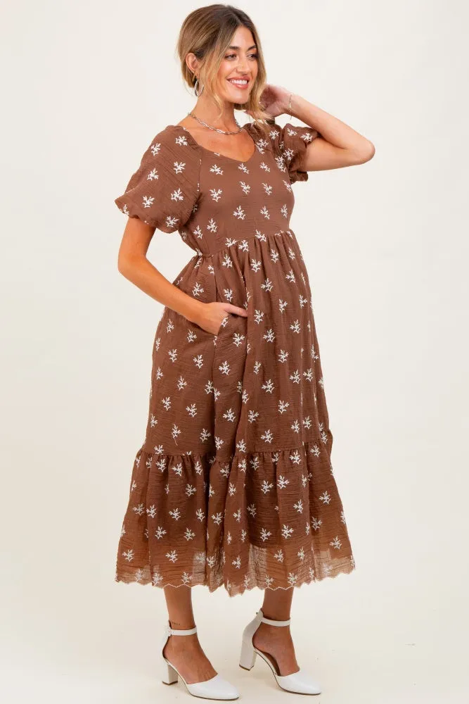 Brown Floral Embroidered Tiered Maternity Midi Dress sold by Pinkblush product image thumbnail 2