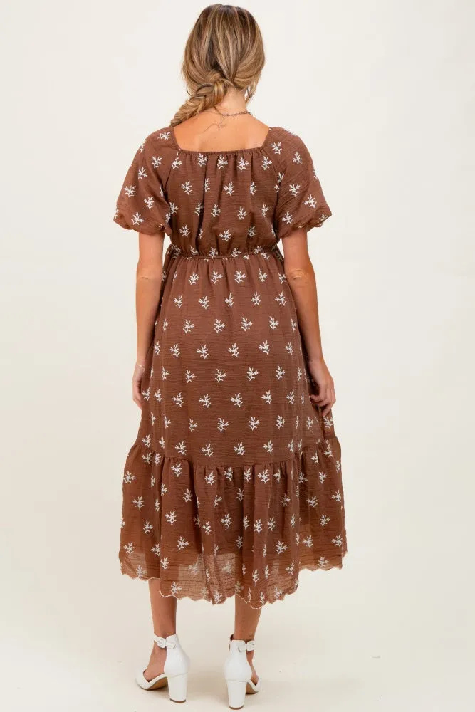 Brown Floral Embroidered Tiered Maternity Midi Dress sold by Pinkblush product image thumbnail 3