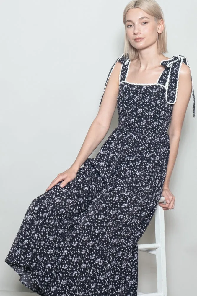 Black Floral Lace Trim Shoulder Tie Maxi Dress sold by Pinkblush product image thumbnail 4