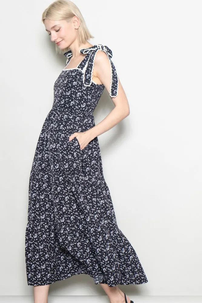Black Floral Lace Trim Shoulder Tie Maxi Dress sold by Pinkblush product image thumbnail 2