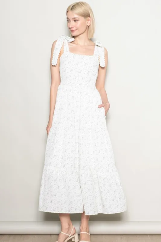 Ivory Floral Lace Trim Shoulder Tie Maxi Dress sold by Pinkblush
