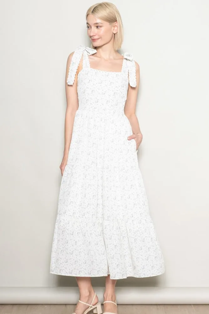 Ivory Floral Lace Trim Shoulder Tie Maxi Dress sold by Pinkblush