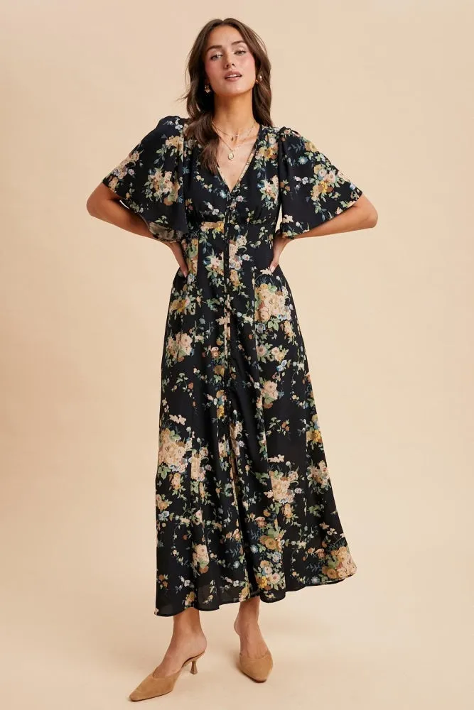 Navy Floral Flutter Button Down Maxi Dress sold by Pinkblush product image thumbnail 2