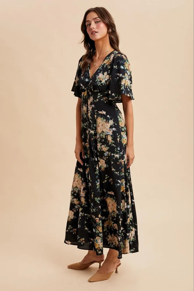 Navy Floral Flutter Button Down Maxi Dress sold by Pinkblush product image thumbnail 3