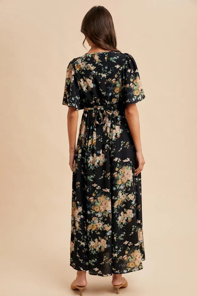 Navy Floral Flutter Button Down Maxi Dress sold by Pinkblush product image thumbnail 4