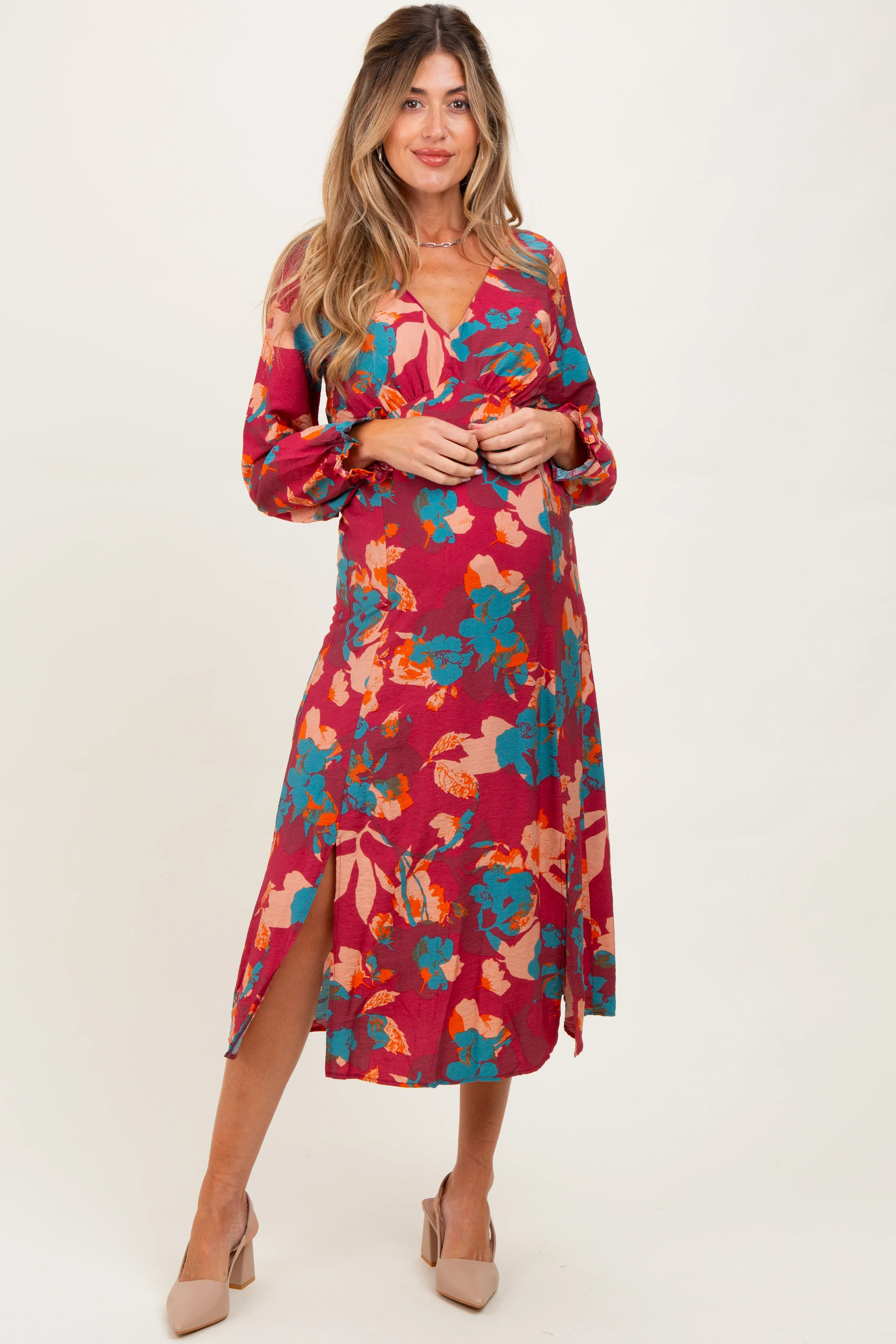 Burgundy Floral V-Neck Long Sleeve Maternity Dress sold by Pinkblush product image thumbnail 2