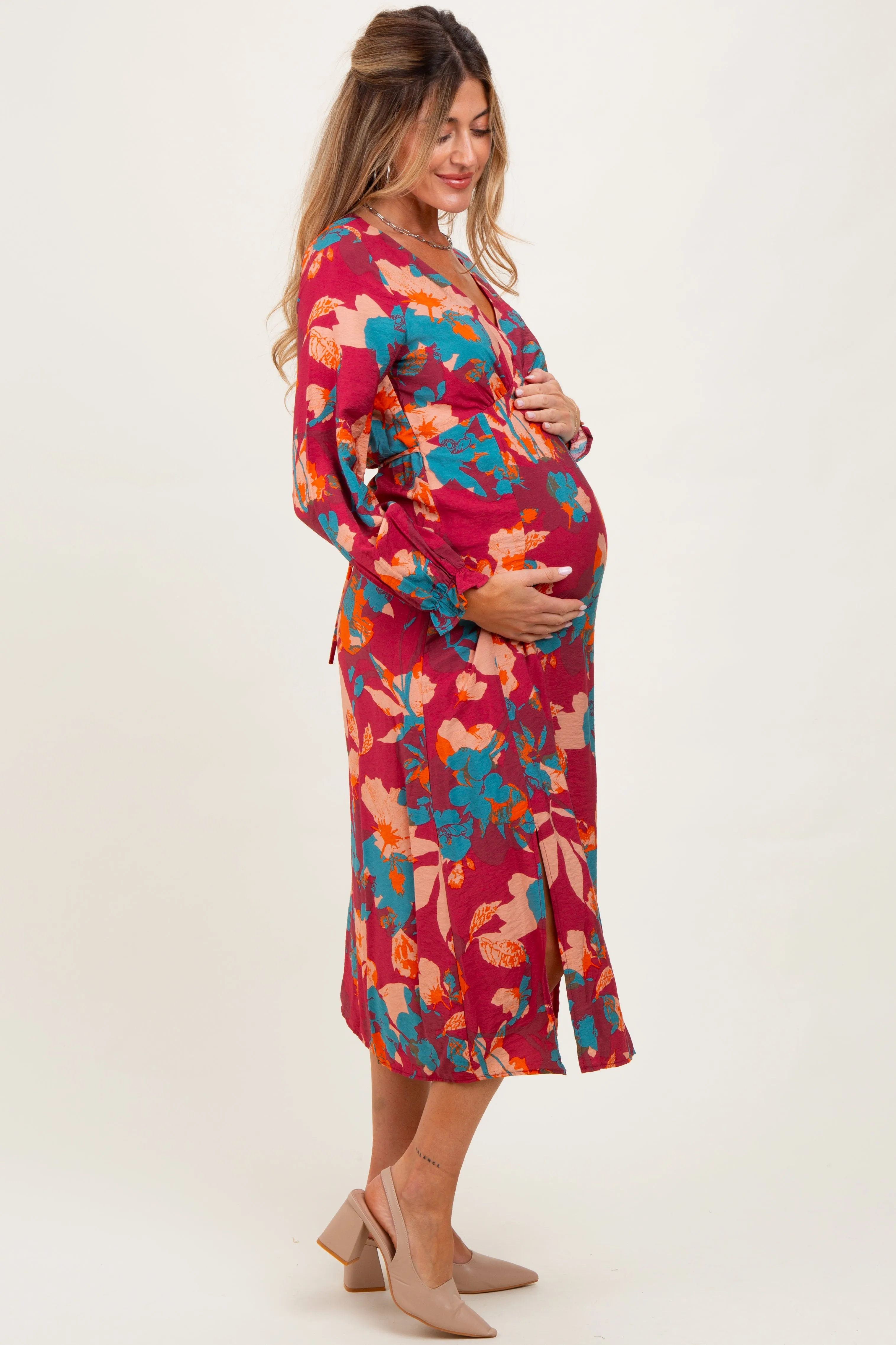 Burgundy Floral V-Neck Long Sleeve Maternity Dress sold by Pinkblush product image thumbnail 3