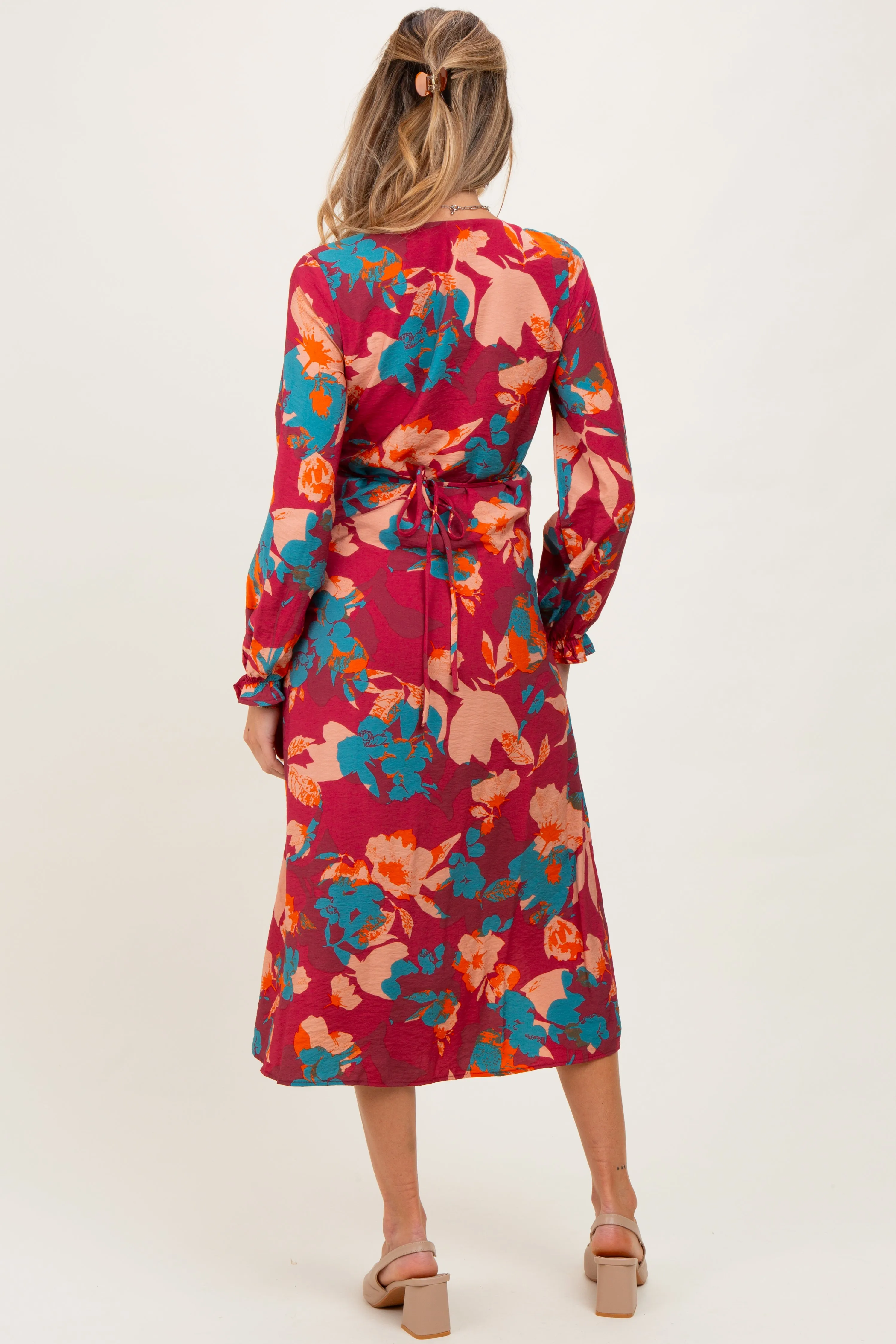 Burgundy Floral V-Neck Long Sleeve Maternity Dress sold by Pinkblush product image thumbnail 4