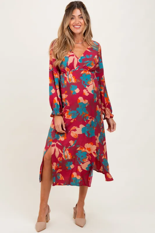 Burgundy Floral V-Neck Long Sleeve Maternity Dress sold by Pinkblush