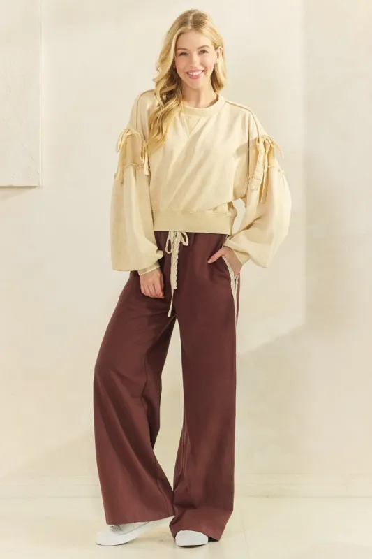 Brown Lace Stripe Drawstring Lounge Pants sold by Pinkblush