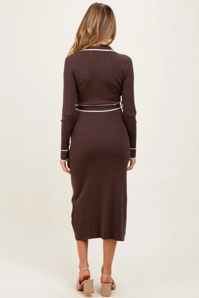 Brown Soft Stretchy Rib Fitted Maternity Sweater Midi Dress sold by Pinkblush product image thumbnail 3