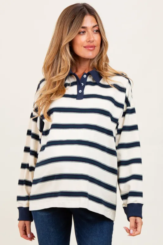 Cream Striped Oversized Long Sleeve Maternity Polo Top sold by Pinkblush