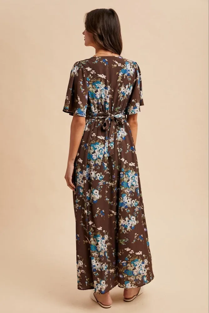 Brown Floral Flutter Button Down Maxi Dress sold by Pinkblush product image thumbnail 4