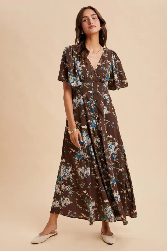 Brown Floral Flutter Button Down Maxi Dress sold by Pinkblush